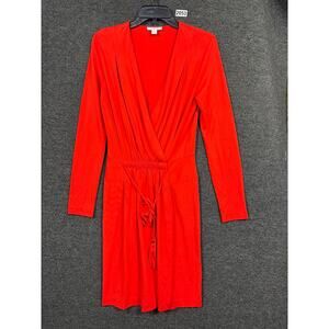 Boston Proper Faux Wrap Dress Womens Size 6 Fire Orange Stretch Tassel Ties